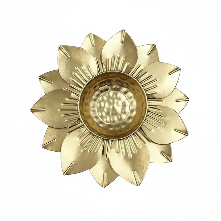 Golden sunflower-shaped metal bowl with hammered texture
