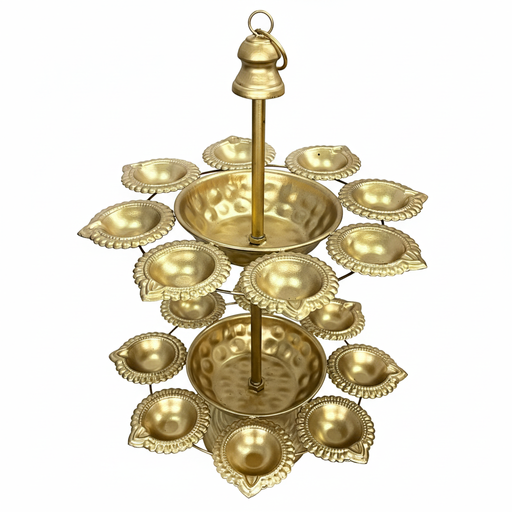 Two-tier golden metal diya stand with floral design